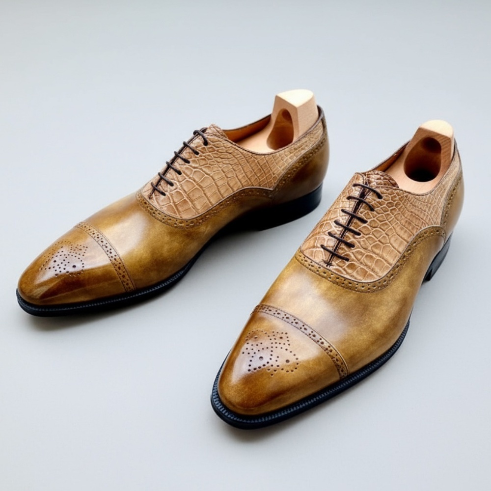 Maison Koly X Enzo Bonafe Magnat Oxfords Khaki Museum Calf leather and Alligator